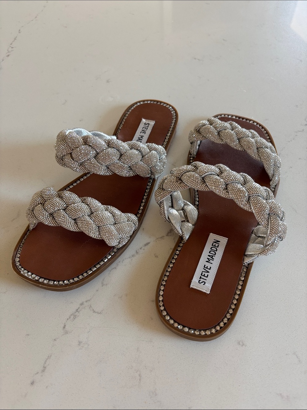 Steve Madden Silver Braided Double-Strap Slide Sandals